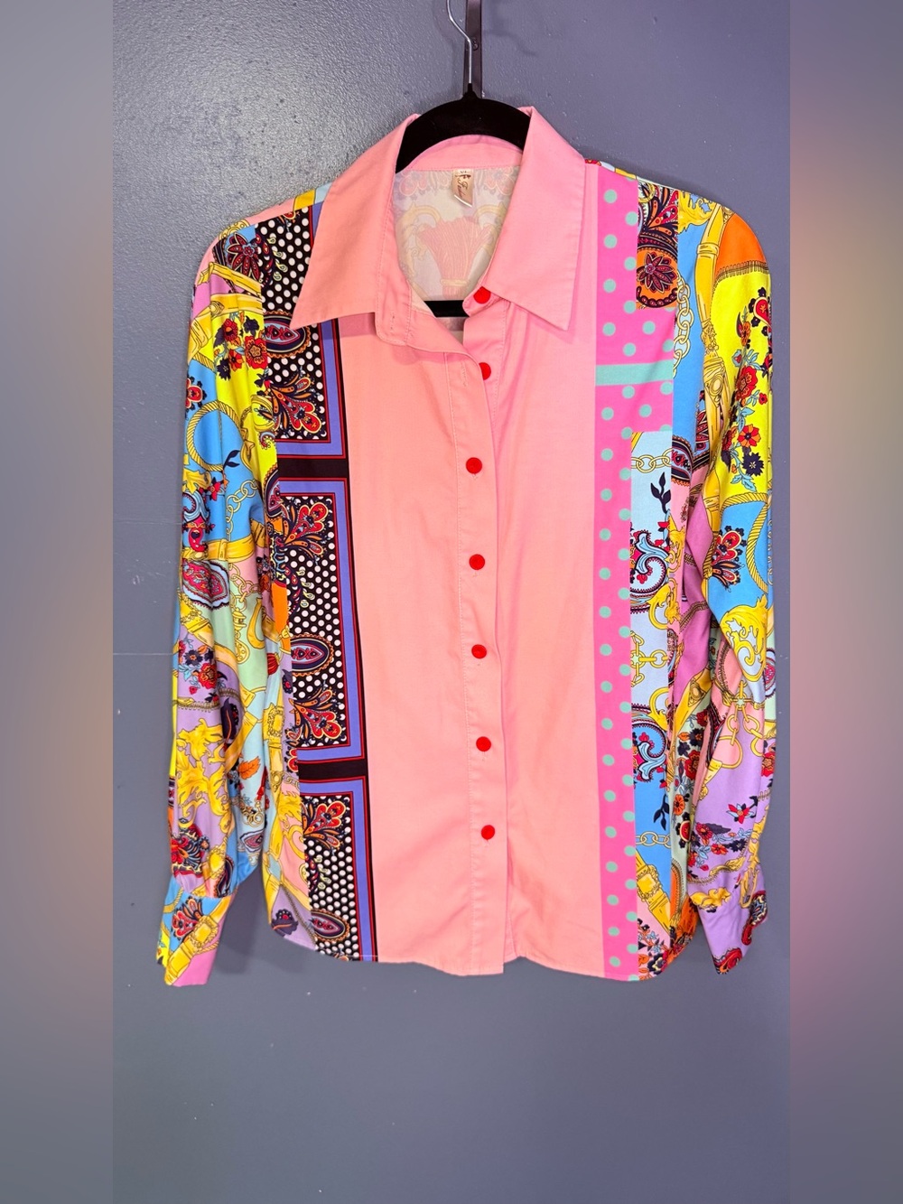 S.L. Fashions Pink Multicolor Patchwork Button-Up Blouse